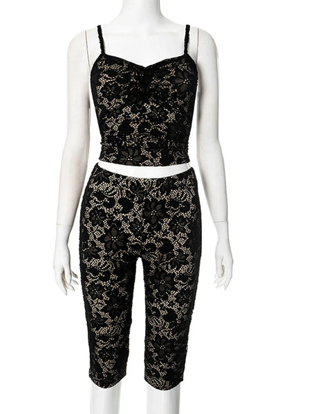 Trendy Black Lace Hollow Out Crop Top And Capri Set