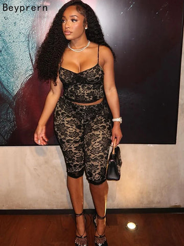 Trendy Black Lace Hollow Out Crop Top And Capri Set