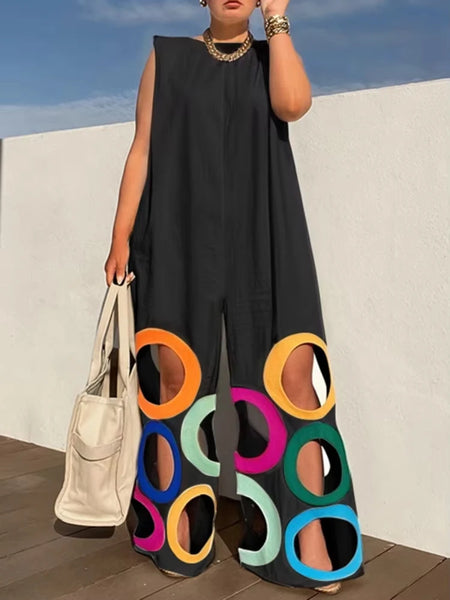 Trendy Hollow Out Wide Leg Rainbow Circle Jumpsuit