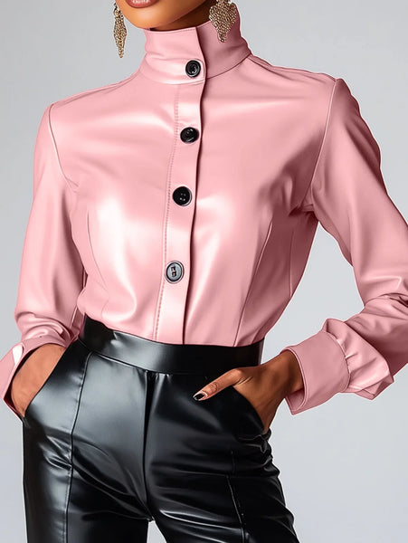 Trendy Pink Faux Leather Long Sleeve Blouse