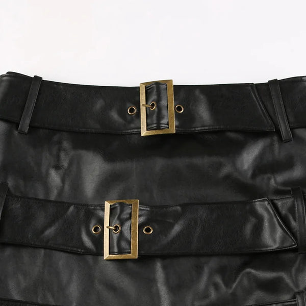 Trendy Punk Faux Leather Buckle Strapless Crop Top Mini Skirt