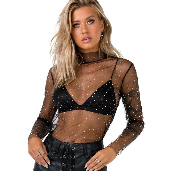 Trendy Mesh Sparkle Sequins Blouse