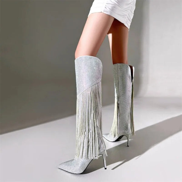 Trendy Tassels Rhinestone High Heel Boots