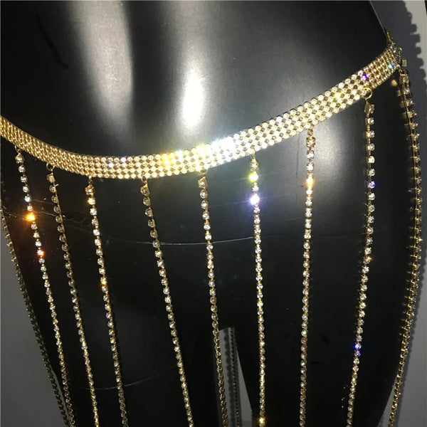 Trendy Glitter Rhinestone Long Tassel Chain Skirt