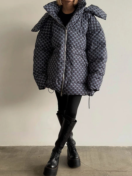 2026 Winter Printed Hooded Puffer Coat Stand Collar Zip Up Big Pockets Women Street Casual Daily Fashion Outfit Trendy Outerwear