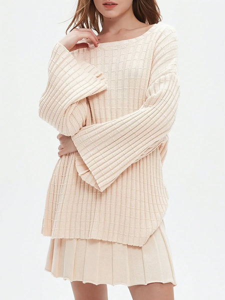 Trendy Pleated Long Sleeve Sweater Mini Skirt Set