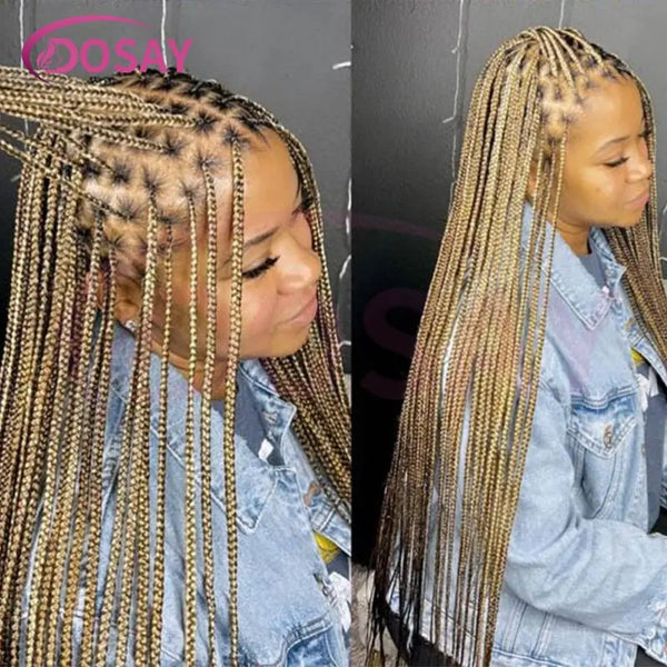 36Inch Burgundy Synthetic Long Box Braided Wig Full Lace Straight Knotless Cornrow Braid with Baby Hair for Women