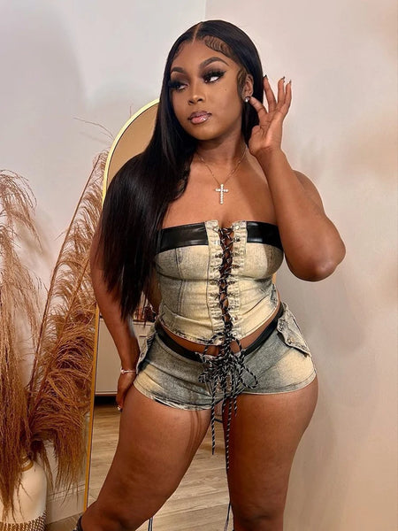 Trendy Denim Faux Leather Crop Top And Shorts Set