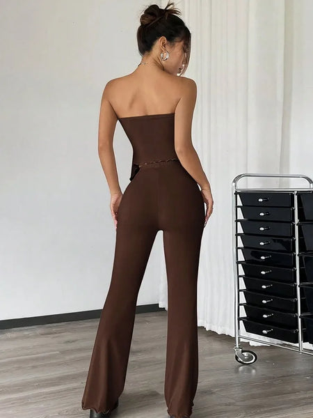 Trendy Two Piece Ruffle Crop Top And Pants Set
