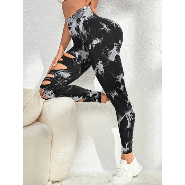 Trendy Tie Dye  High Waist Hollow Out Jeggings