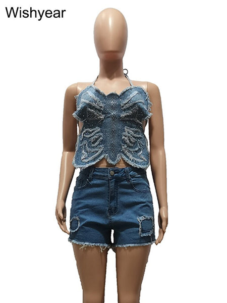 Wishyear Backless Butterfly Crop Top Short Sets Women Chothing Denim Rhinestone Sexy Party Club Two Piece Suit Birthday Outfit