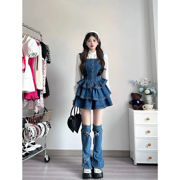 Trendy Denim Mini Ruffle Floral Dress With Shirt