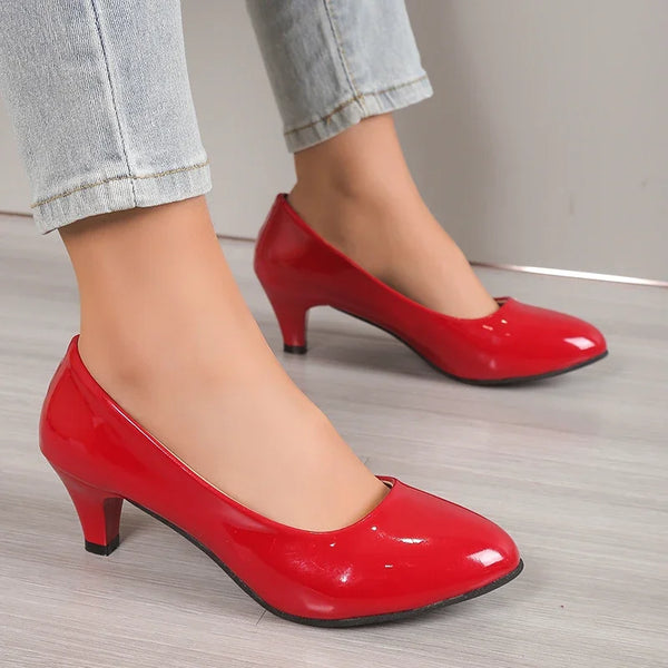 Trendy Round Toe Low Liquid Faux Leather Heels