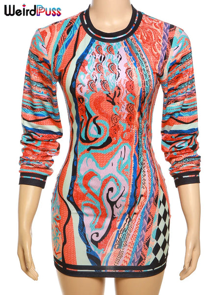 Trendy Colorful Long Sleeve O-Neck Sweater Party Dress