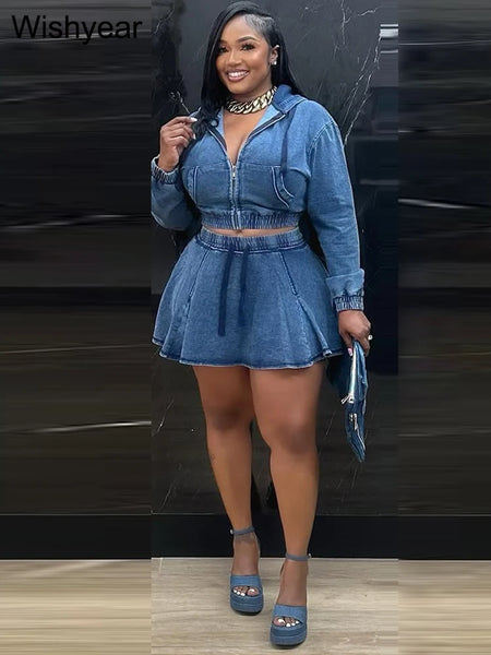 Trendy Denim Stoned Washed Crop Jacket And Pleated Skirt