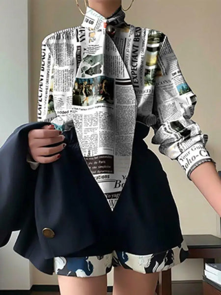 Trendy Letter Print Design Tie Collar Blouses