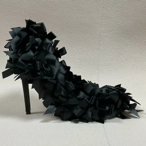 Trendy Black Satan Butterfly Knot High Heel Pumps