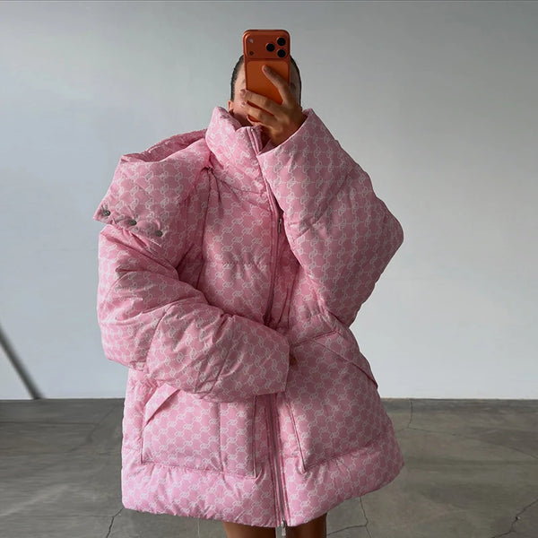 2026 Winter Printed Hooded Puffer Coat Stand Collar Zip Up Big Pockets Women Street Casual Daily Fashion Outfit Trendy Outerwear