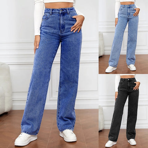 Trendy Straight Leg High Waist Denim Jeans