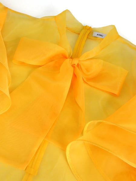 Trendy Yellow Mesh Tulle Bowtie Ruffle Blouse