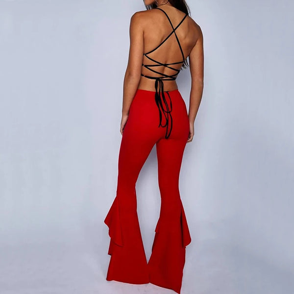 Trendy High Waist Flare Ruffles Slim Pants