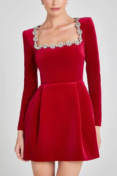 Trendy Velvet Square Beaded Collar Dress