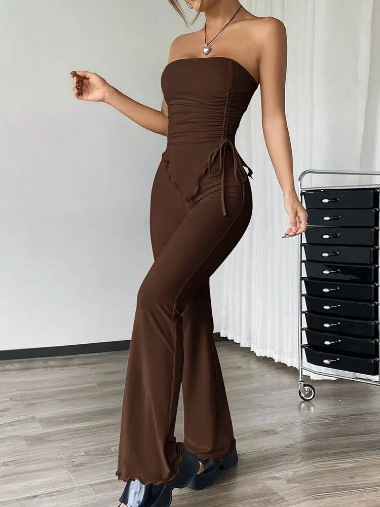 Trendy Two Piece Ruffle Crop Top And Pants Set