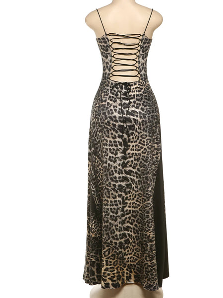 Trendy Draped Lace Backless Leopard Print Dress
