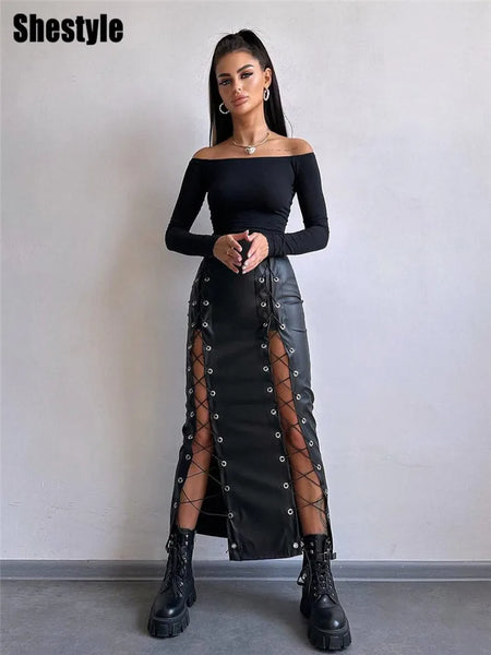 Trendy Lace Up Bandage Hollow Out Faux Leather Skirt