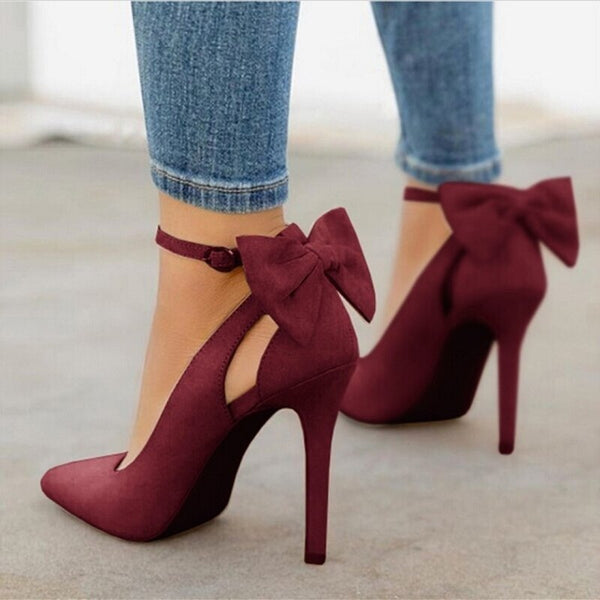 Women Pointed Toe High Heels Woman Thin Heels Ladies Sexy Pumps Ladies Buckle Strap Female Fashion Bowknot Shoes Plus Size 34-43