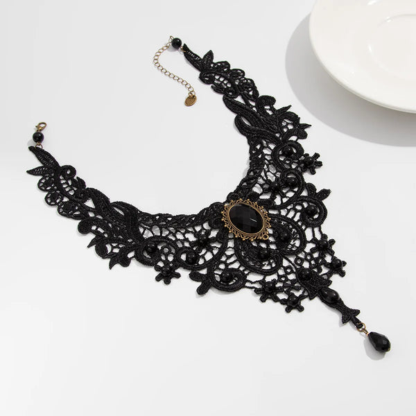 Trendy Black Pendant Lace Bead Gothic Inspired Necklace