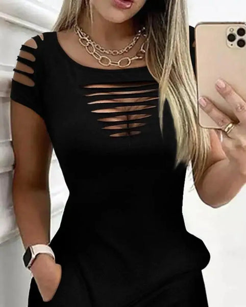 Trendy Hollow out Short Sleeve Mini Party Dress