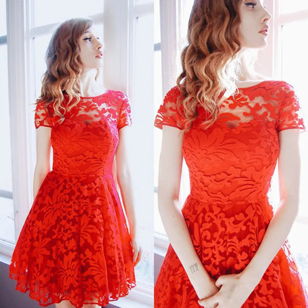 Trendy Lace Mini Short Sleeve Dress