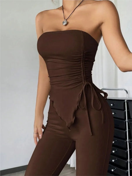 Trendy Two Piece Ruffle Crop Top And Pants Set