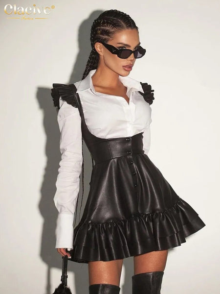 Trendy Fashion Leather High Waist Pleated Dress
