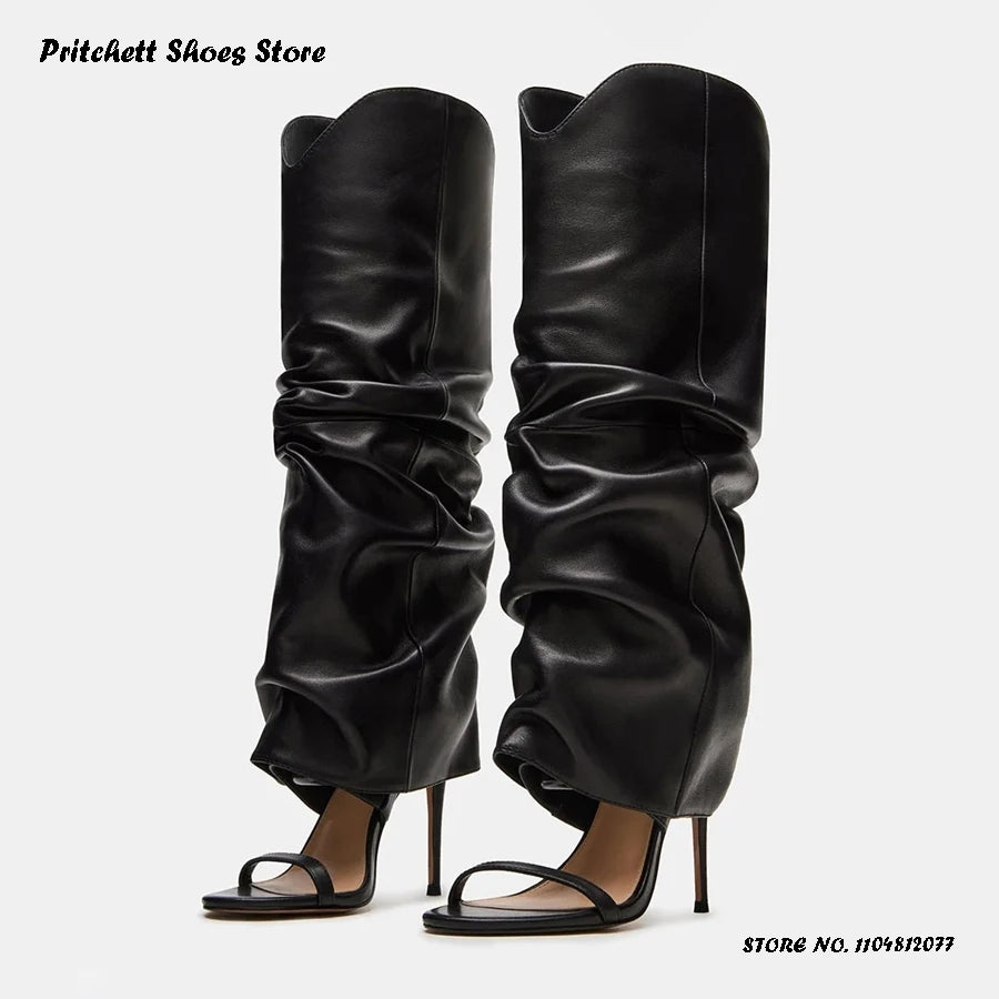 Trendy Pleated Stiletto Open Toe High Heel Boots