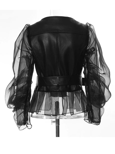 Trendy Black Leather Mesh Jacket With Belt