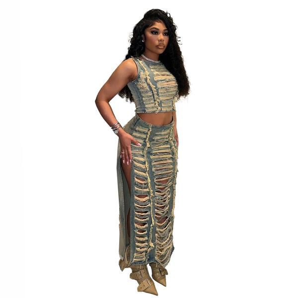 Trendy Denim Hollow Out Vest And High Slit Skirt Set