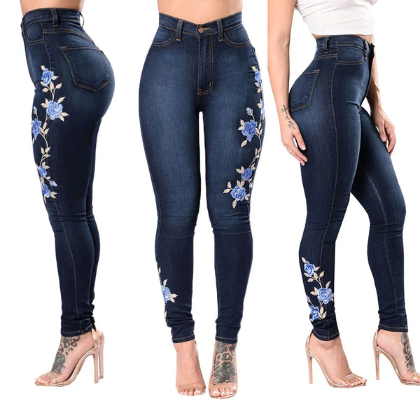 Trendy High Waist Floral Embroidered Denim Blue Jeans