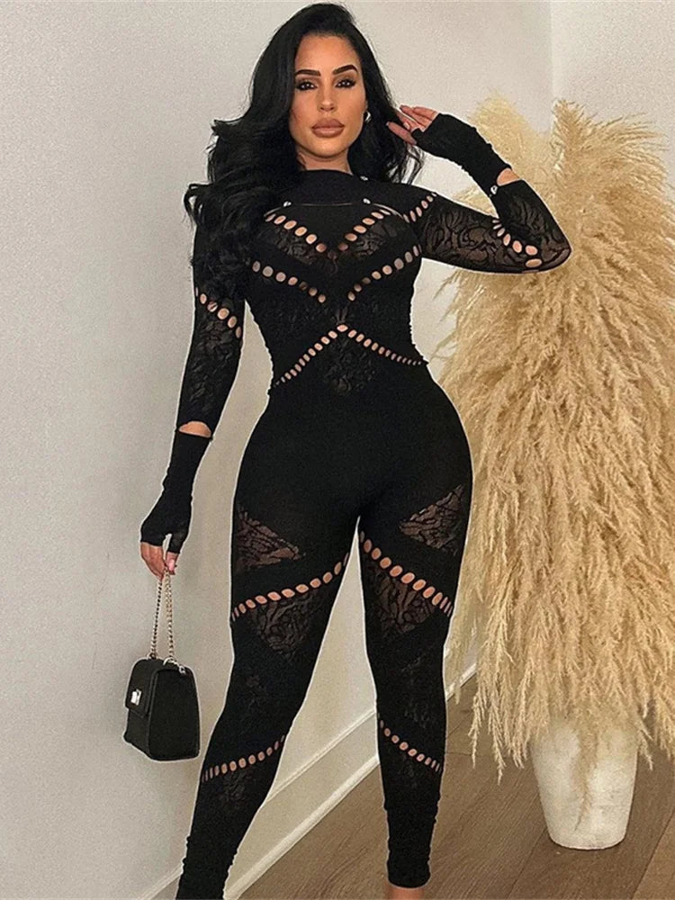 Trendy  High Waist Rhinestone Hollow Out Jumpsuit
