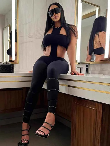 Weird Puss Sexy Backless 2 Piece Set Women Stretch Tube Top+Skinny Halter Jumpsuit Fitness Street Matching Party Club Overalls
