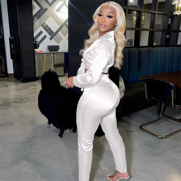 Trendy Satan Lace Up Crop Top And Bottom Pants Set