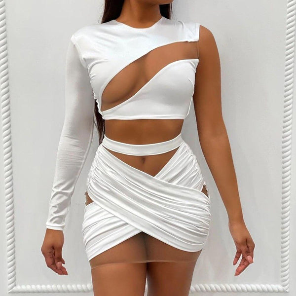 Trendy Mesh Shoulder Crop Top and Bandage Skirt Set
