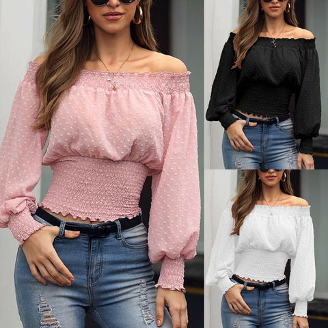Trendy Off The Shoulder Ridged Long Sleeve Blouse