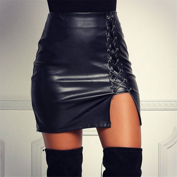 Trendy Faux Leather Mini Split Tie Up Skirt