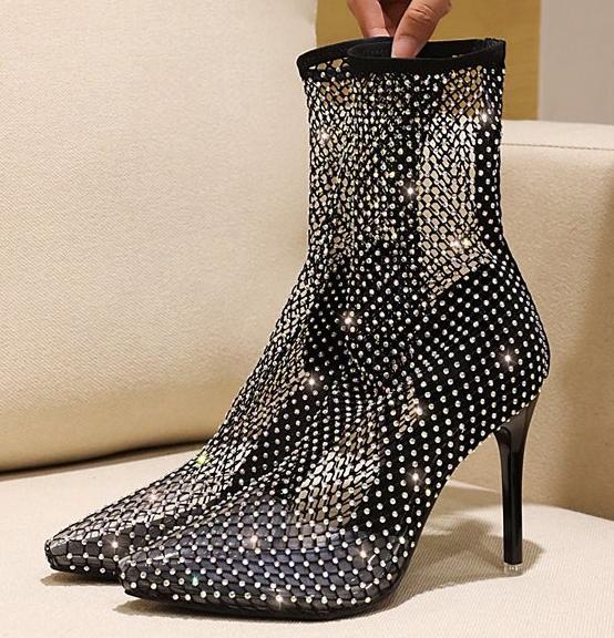 Trendy Black Mesh Rhinestone Thigh High Heel Boots