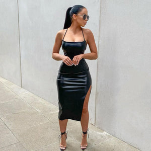 Women Sexy Suspender Mid-length Bodycon Dress Fashion Solid Color Leather Bandage Backless Skinny Split Dress For Female Mujer