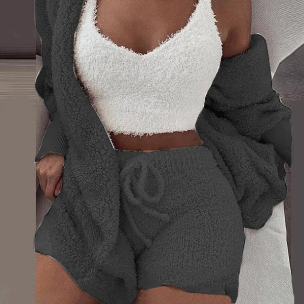 Trendy Plush Velvet Crop Top And Cardigan Set