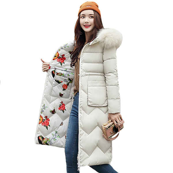 Trendy Doubled Sided Long Puff Coat With Faux Fur Hood