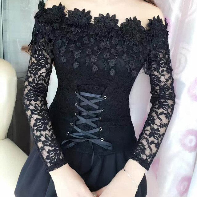 Trendy Floral Neckline Long Sleeve Lace Blouse - TrendsetterbyTracy Boutique